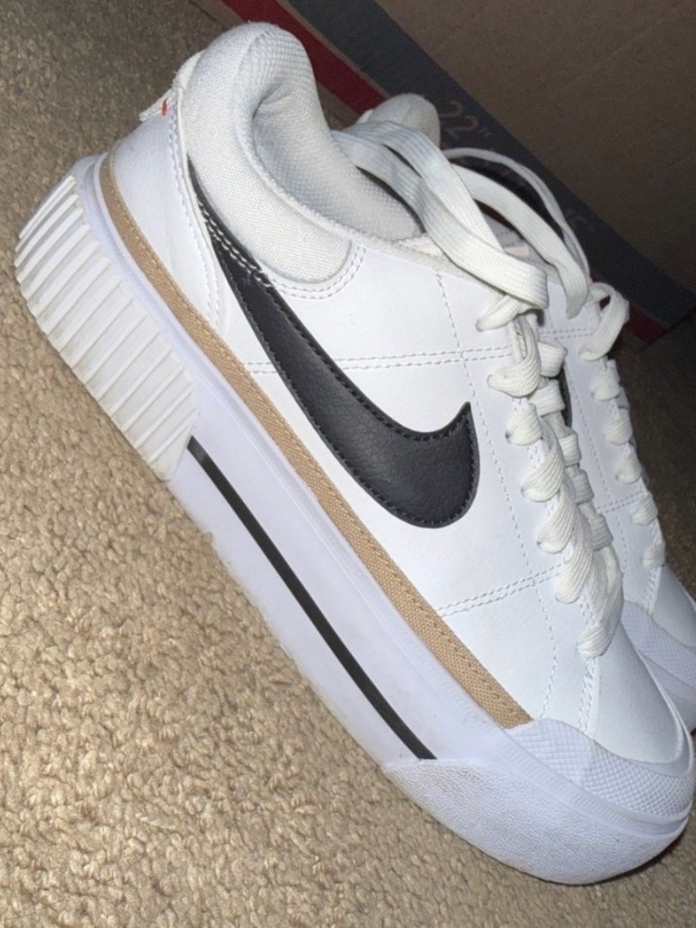Nike Women’s White Sneakers with Black Swoosh and Tan Accent
